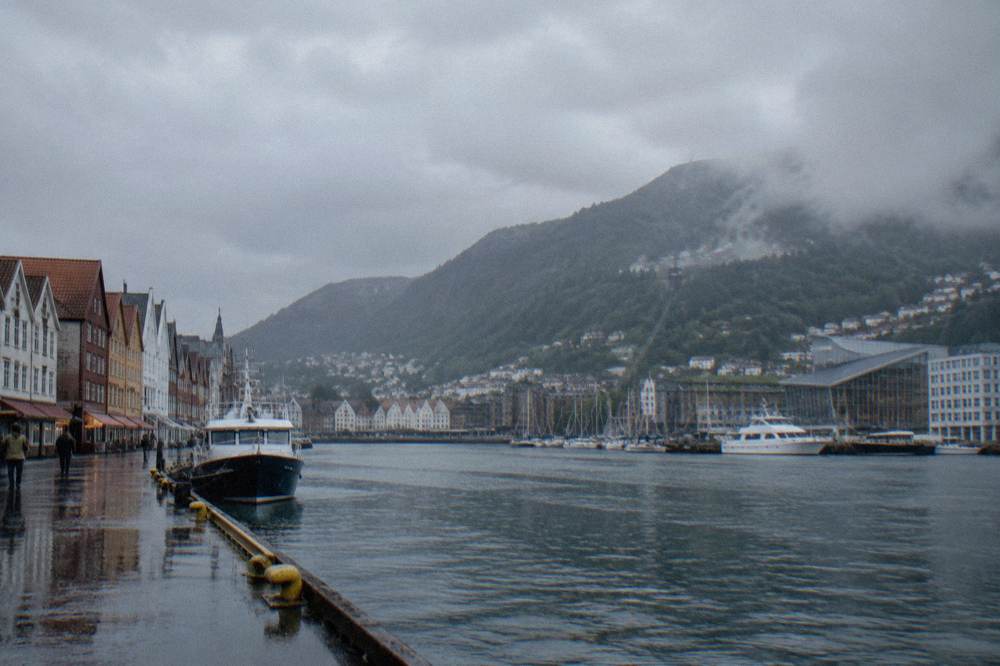 A harbor view of Bergen with mountain transport and museum buildings along the water
