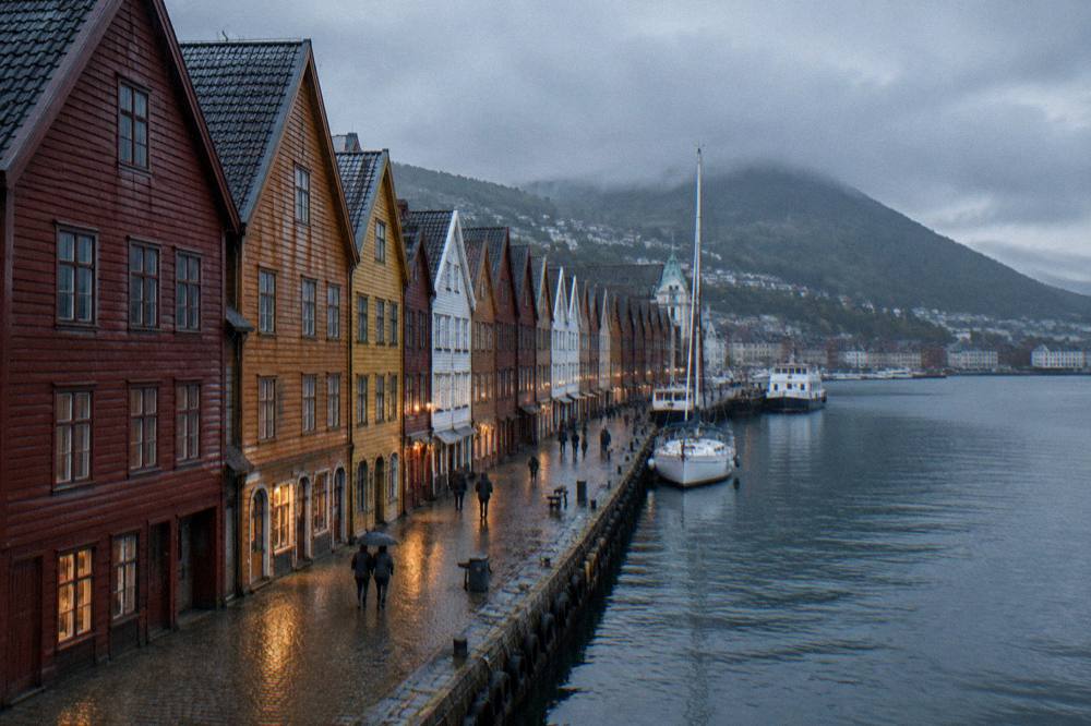 The timber warehouse facades of Bryggen in Bergen glistening with rain, seen from the harbour side
