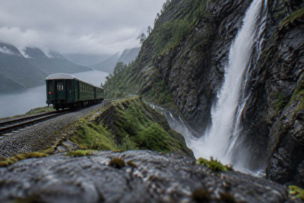 A tall waterfall dropping down a dark rock face beside railway tracks