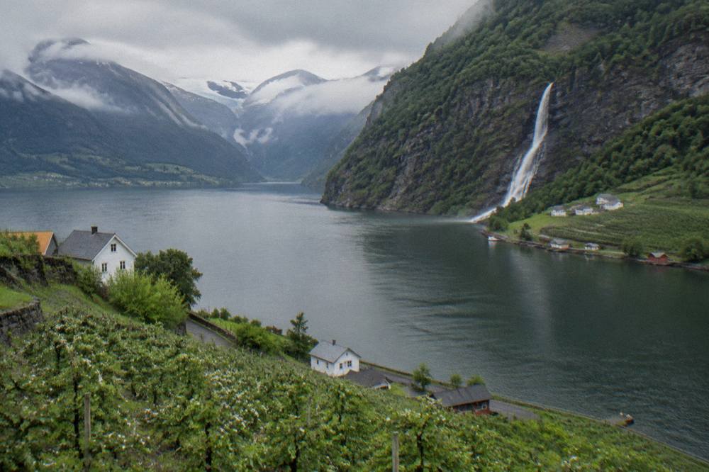 A waterfall plunging down a dark rock face toward fjord water in the Hardanger district