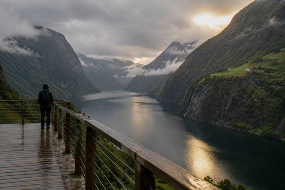 A wooden viewing platform extending over a fjord toward mountains and water below