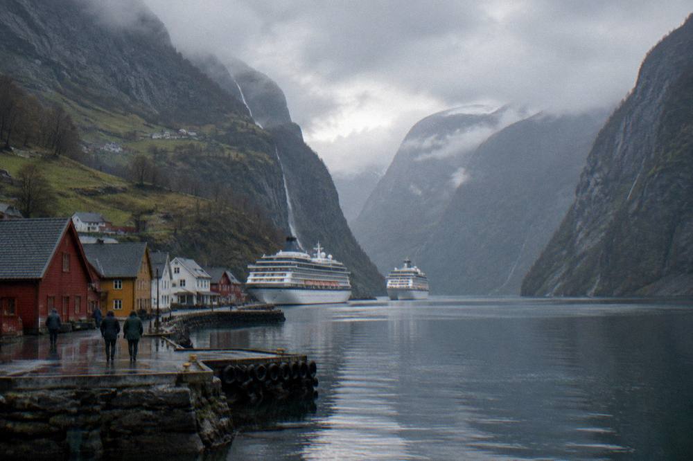Cruise ships and coloured wooden buildings along a harbour in the rain
