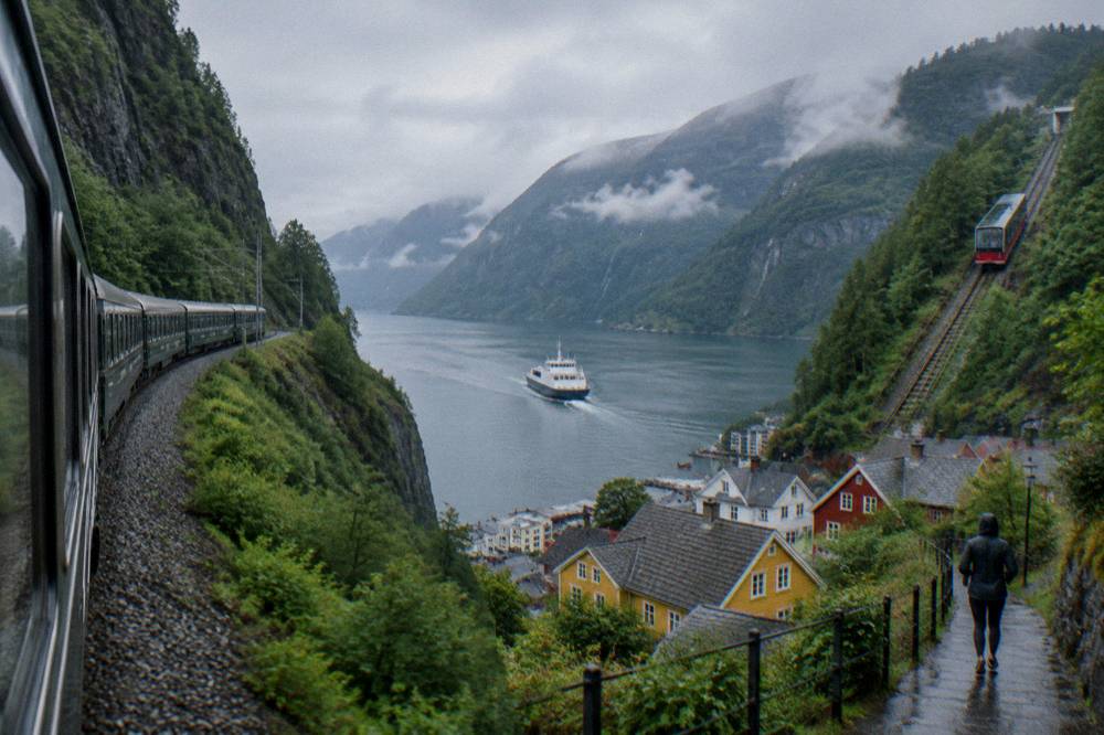 A red funicular car climbing a wooded hillside above colourful wooden houses in a Nordic city