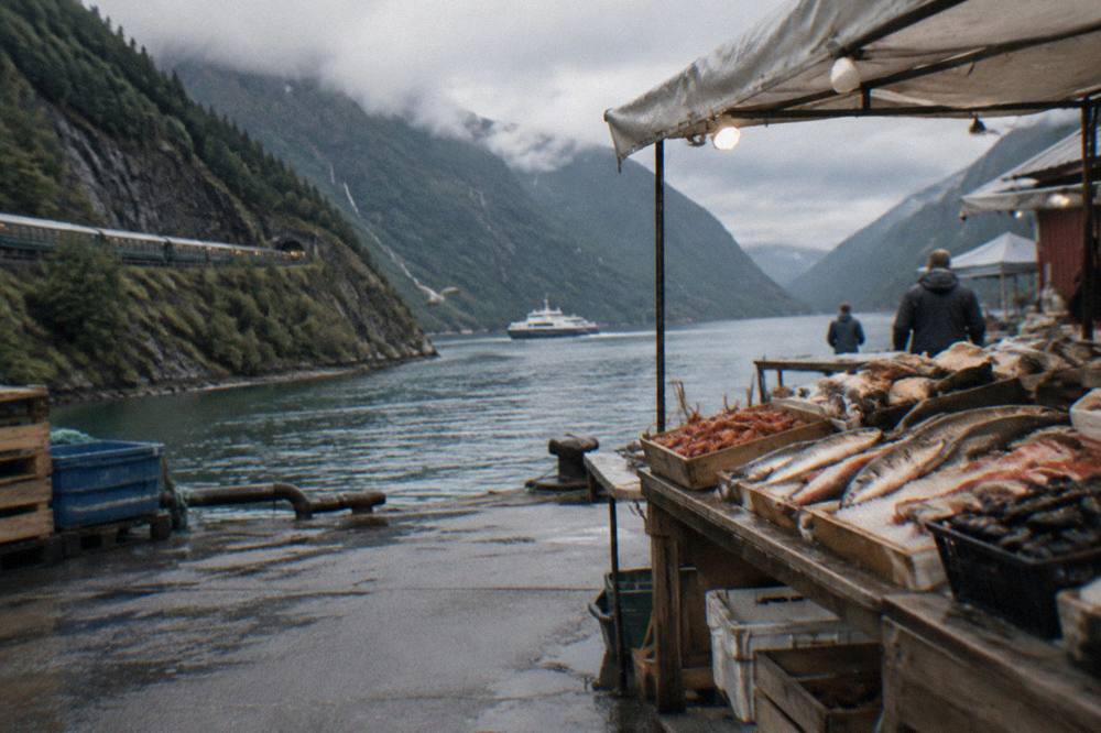 A wooden stall display of fresh fish and shellfish at an open-air market by a harbour