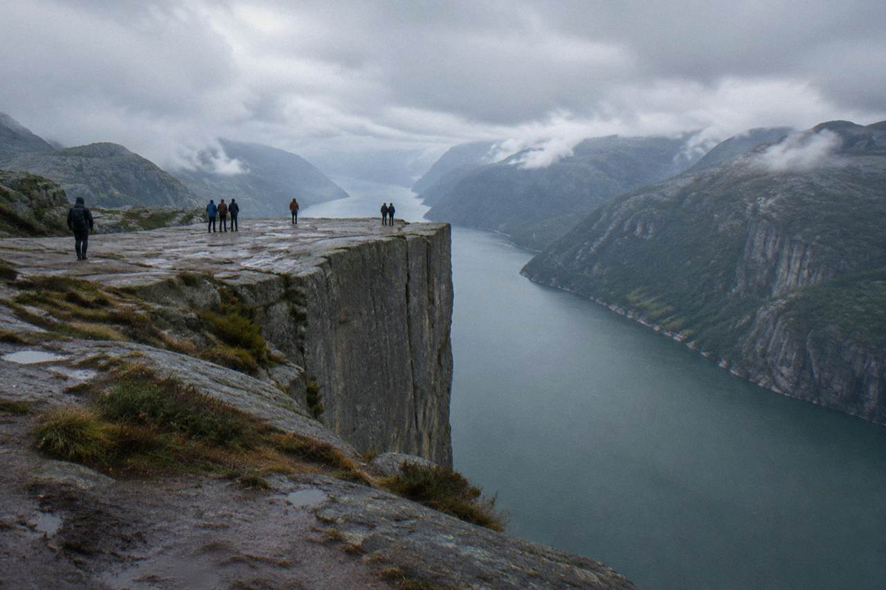 A flat mountain plateau rising above a narrow fjord with grey cliff walls and green water below