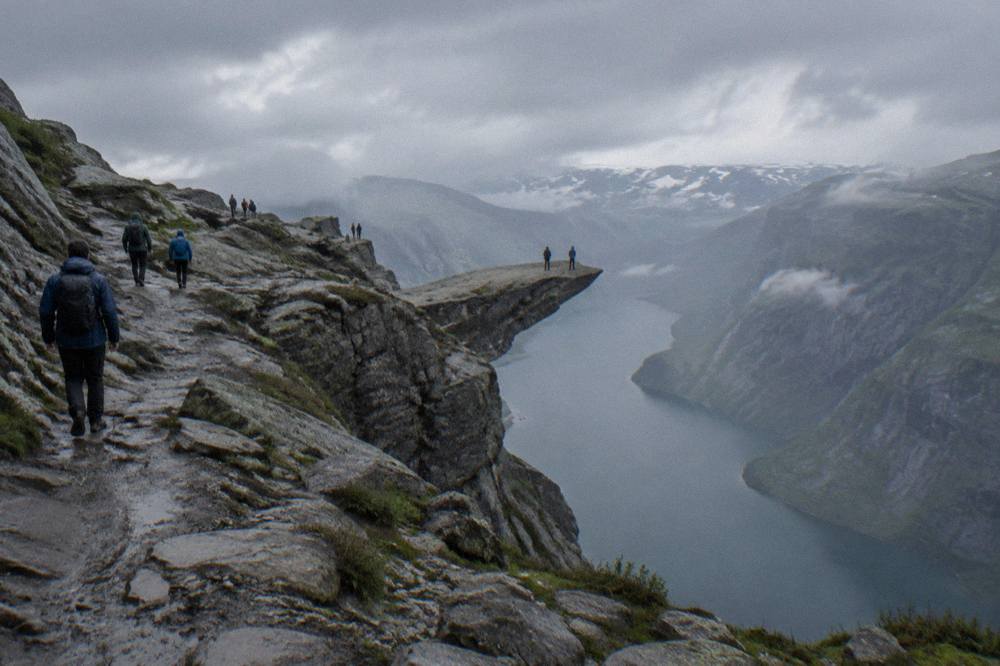 The long stony mountain trail approaching Trolltunga with hikers spread out along the ridge