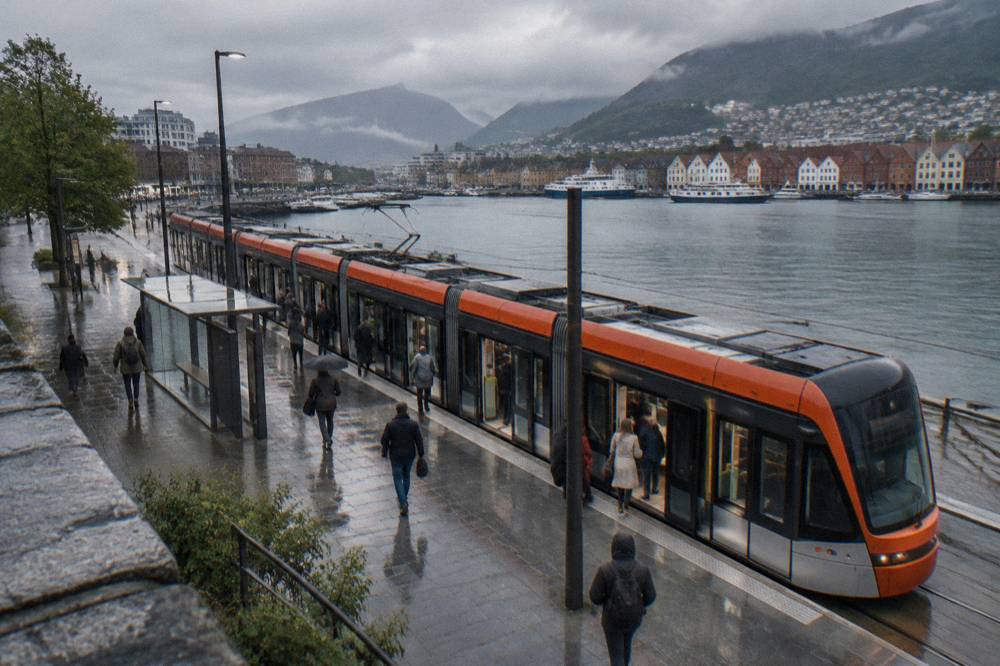 A modern light rail tram at a Bergen street stop with a low floor and wide doors