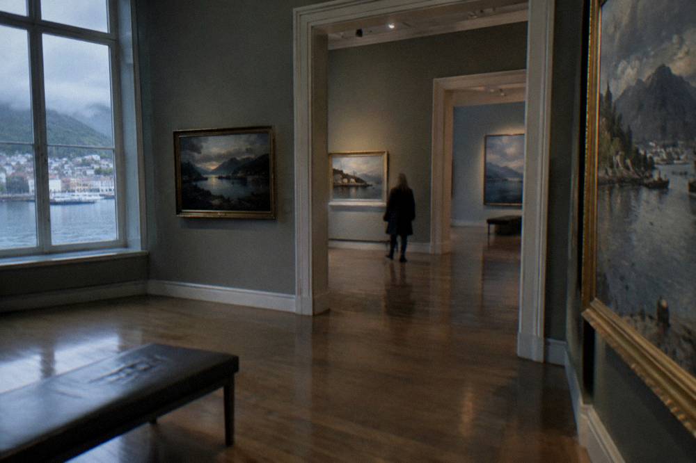 Interior gallery room of an art museum with wide doorways and paintings on the walls