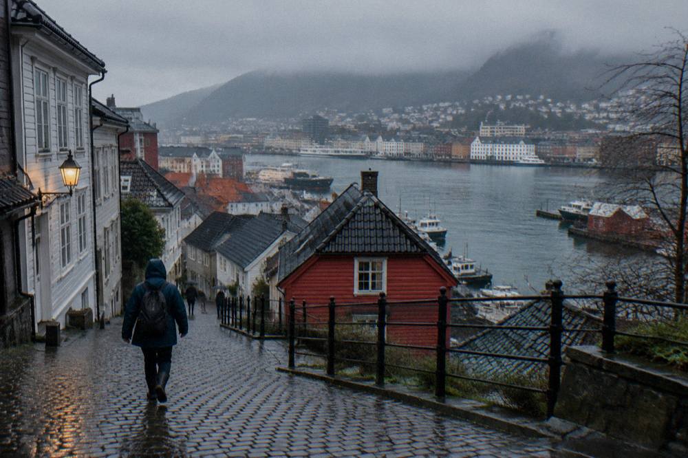 A traveller in a rain jacket and boots walking a cobbled street in evening drizzle in Bergen