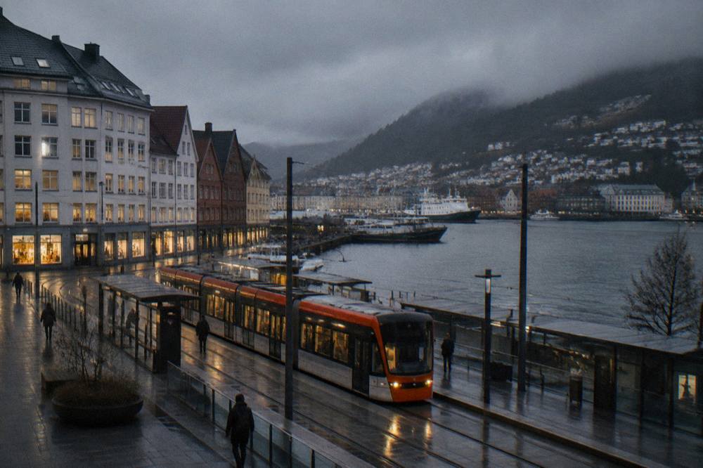 A light rail tram at a Bergen city-centre stop in the evening with lit shop windows behind it