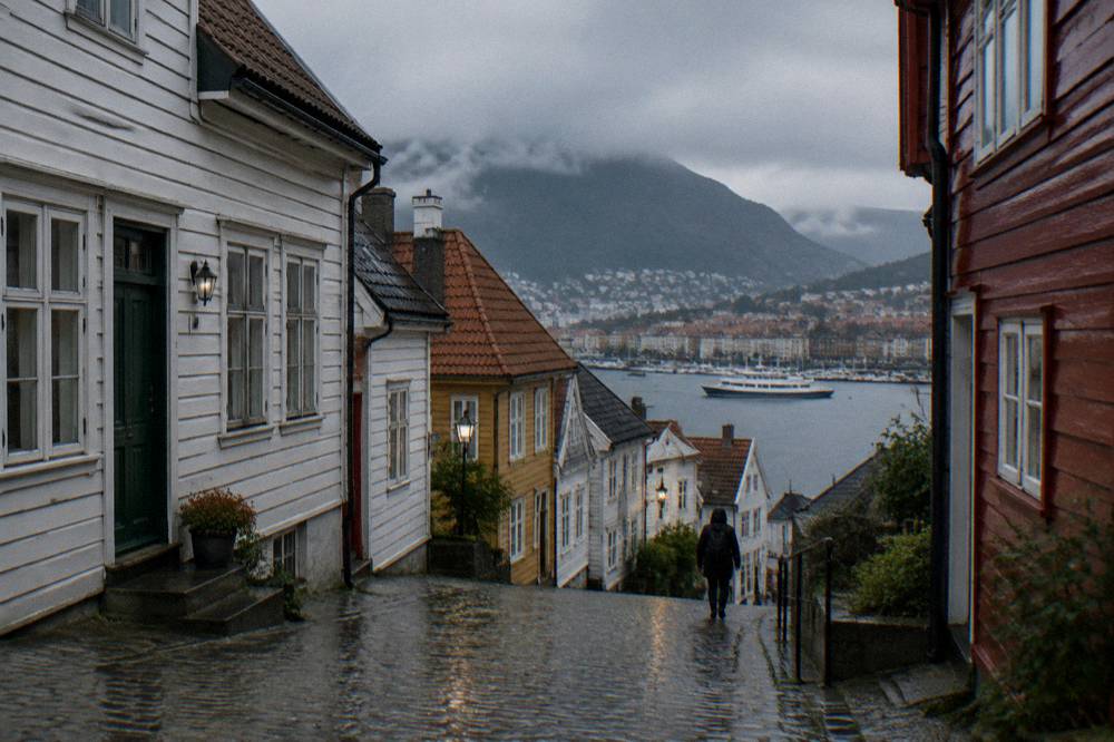 Rain-wet cobbled street between old wooden buildings in central Bergen
