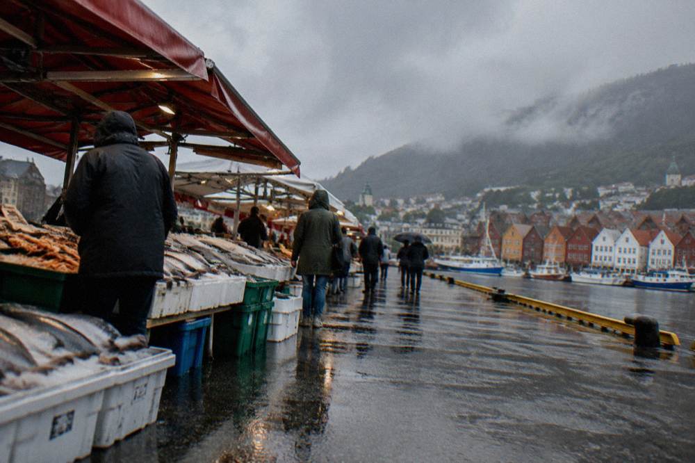 Visitors browsing outdoor fish market stalls beside the inner harbour in Bergen