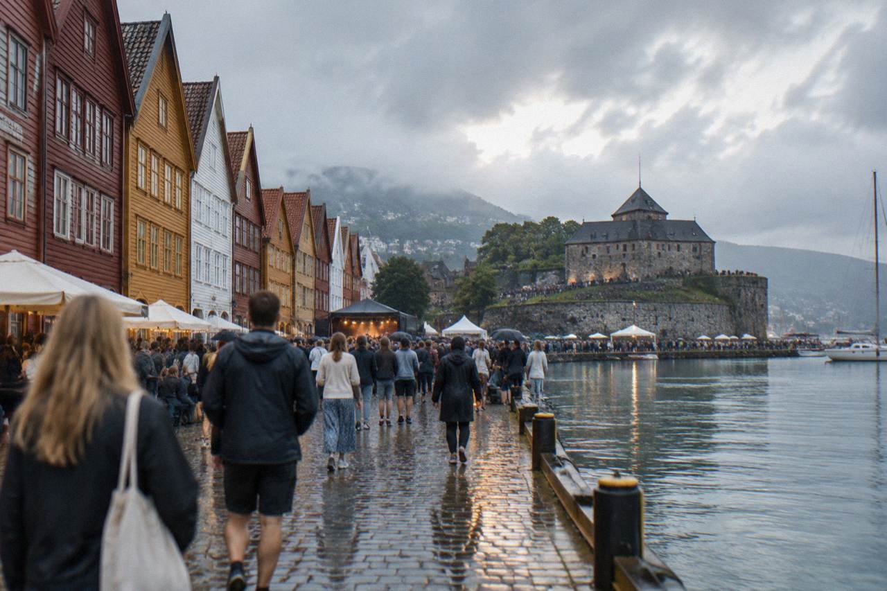 Crowds in front of the old stone fortress at Bryggen harbour during a summer festival evening in Bergen, Norway