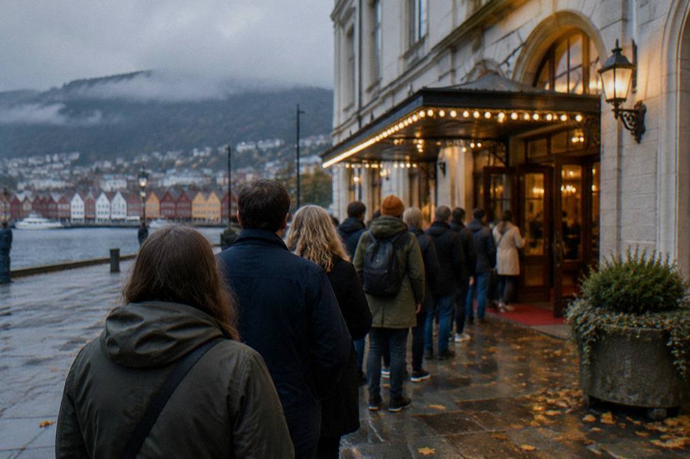 A queue of people outside a historic cinema building in Bergen, Norway, on an autumn evening