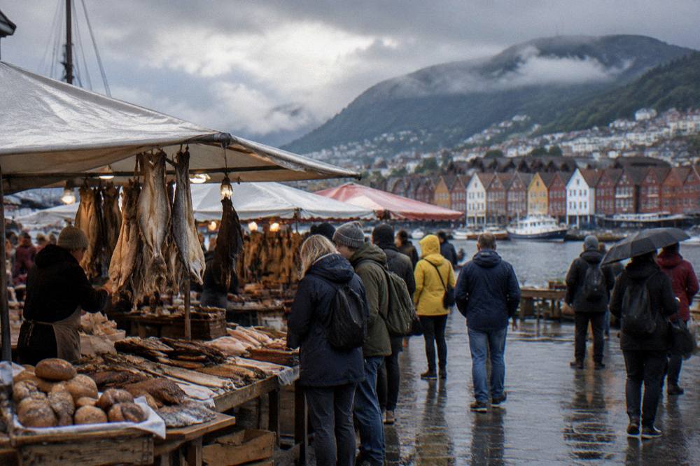 A food market stall in Bergen, Norway, with cured fish, breads and crowds of visitors sampling