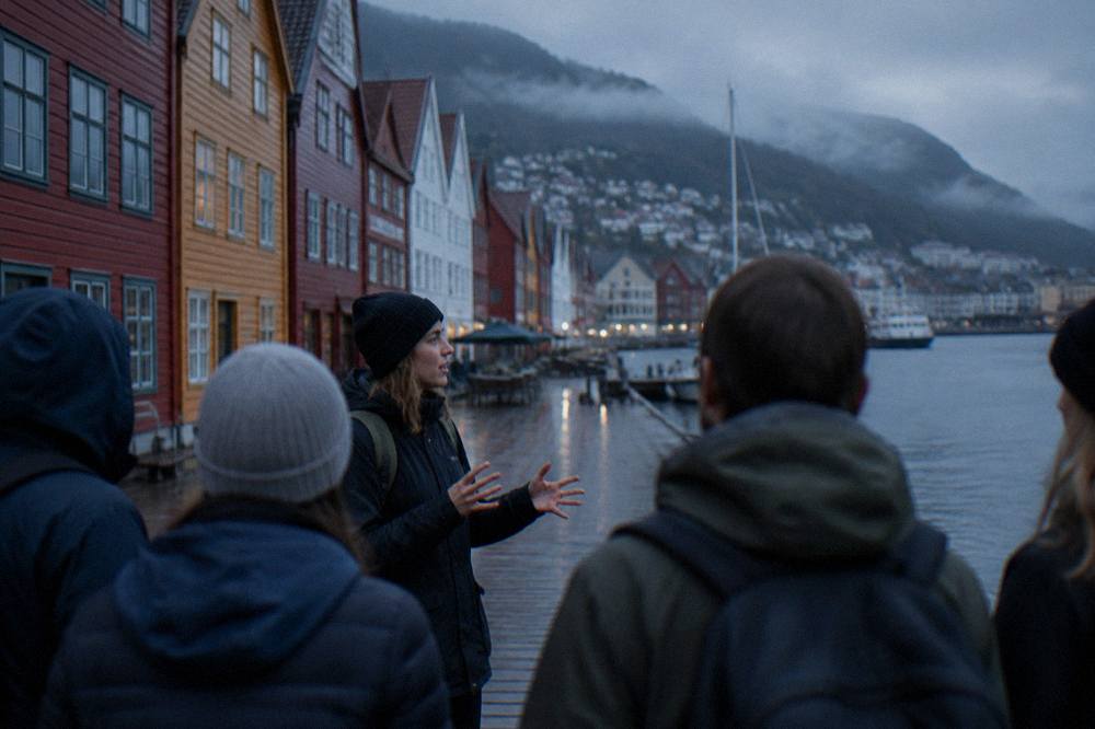 A guide speaking to a small group outside colourful wooden buildings at the old wharf in Bergen