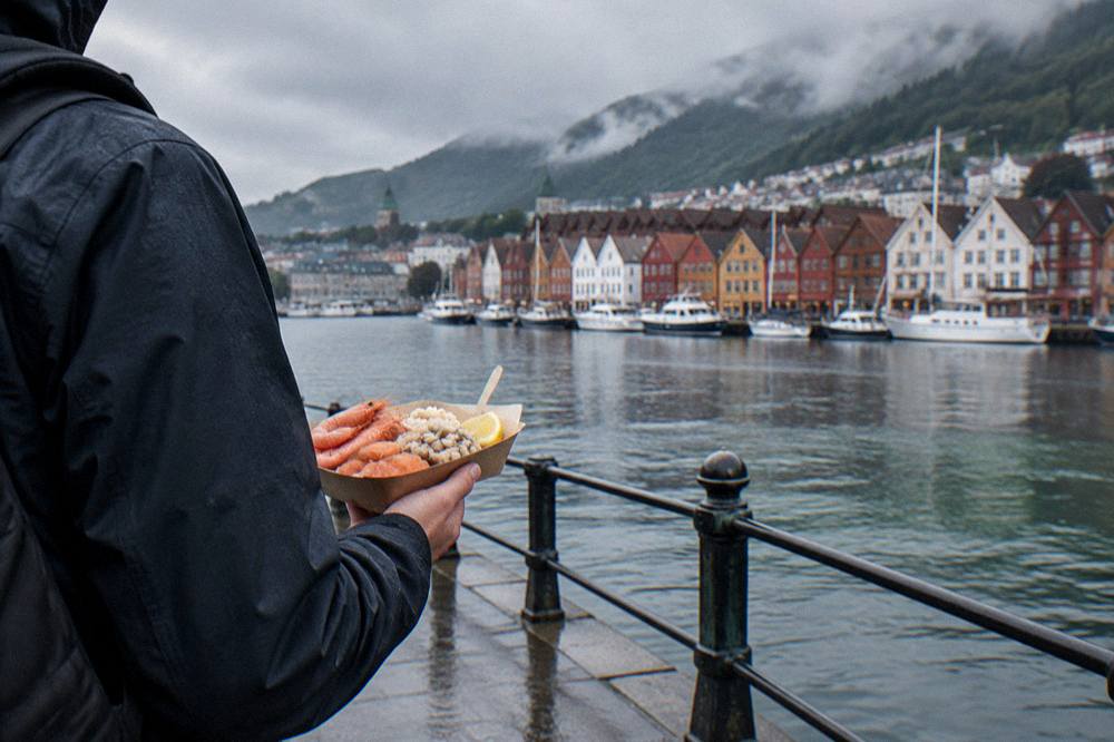 A person holding a paper tray of seafood samples beside a harbour railing