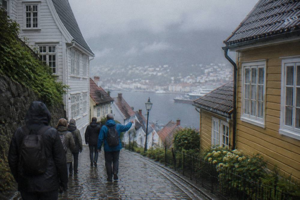 Small group of visitors following a guide through a narrow historic street in Bergen