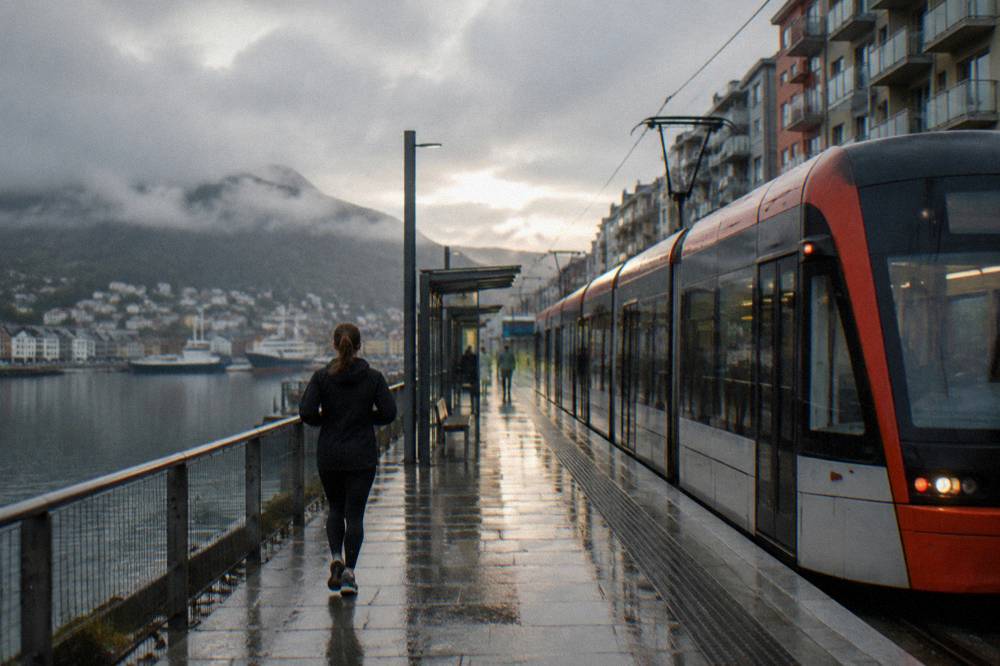 A modern light rail tram waiting at a platform stop beside apartment buildings in a Norwegian city street