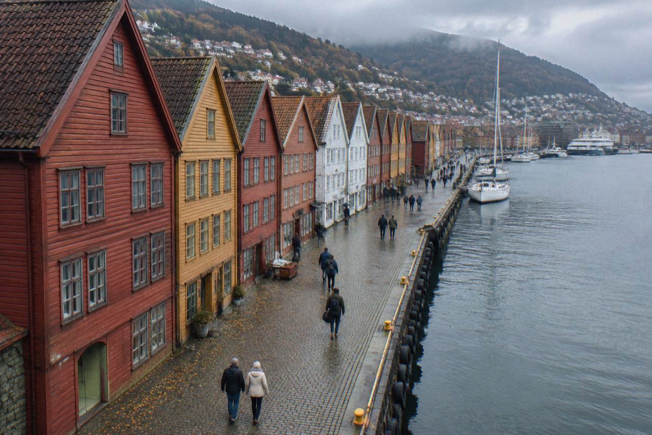 Colorful wooden houses on the Bryggen wharf in Bergen under an autumn sky