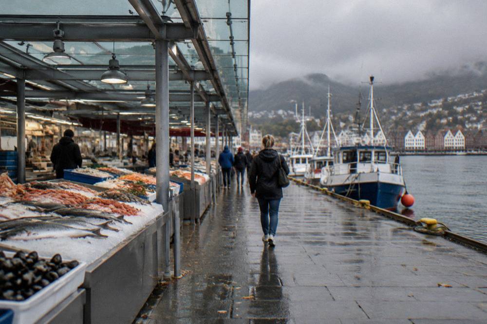 Fish and seafood stalls at the Bergen fish market on a September day