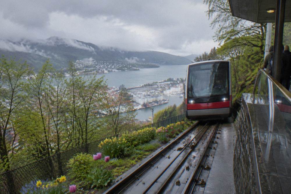The funicular car arriving at a station platform in Bergen with spring flowers planted beside the tracks