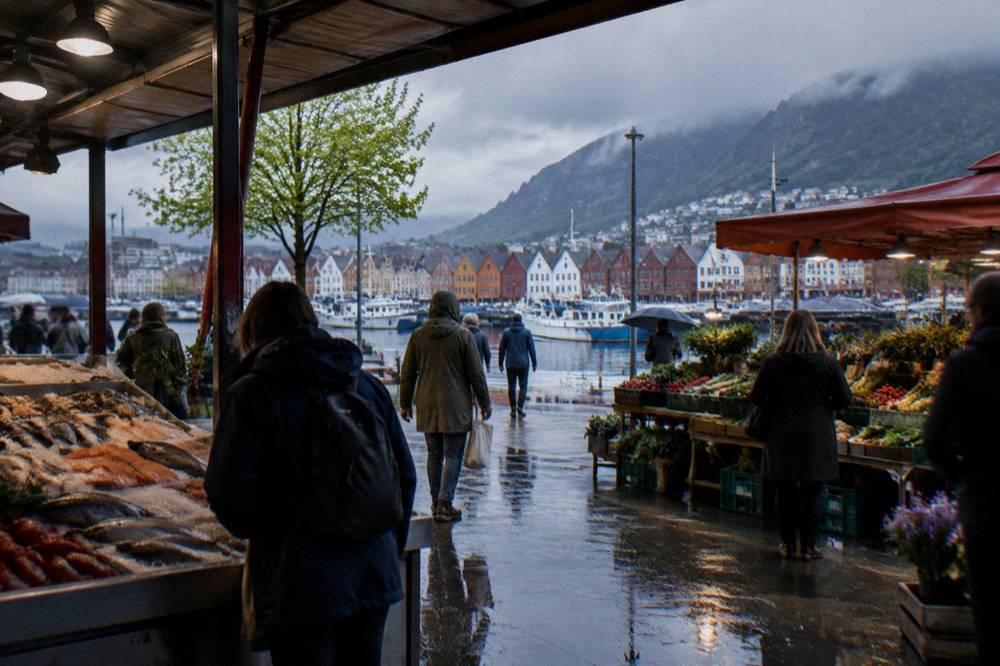 Visitors browsing open fish and produce stalls at the covered market in Bergen on a spring morning