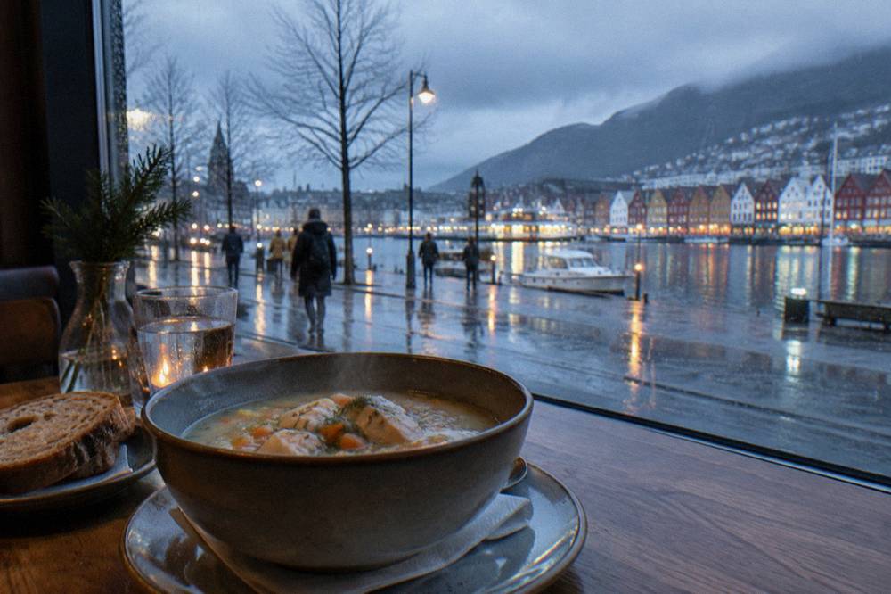 A steaming bowl of fish soup on a wooden restaurant table beside a window looking out at rainy street lights