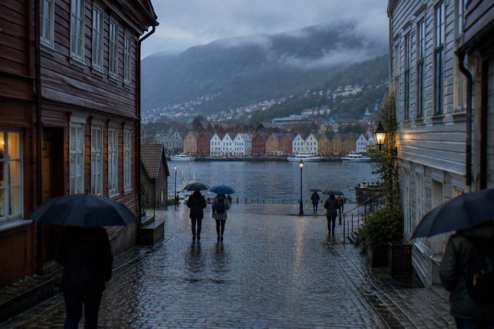 Rain-soaked cobblestone street in Bergen with people under umbrellas passing old wooden buildings