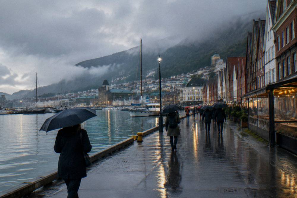 People with umbrellas walking along a lit rainy street in the evening