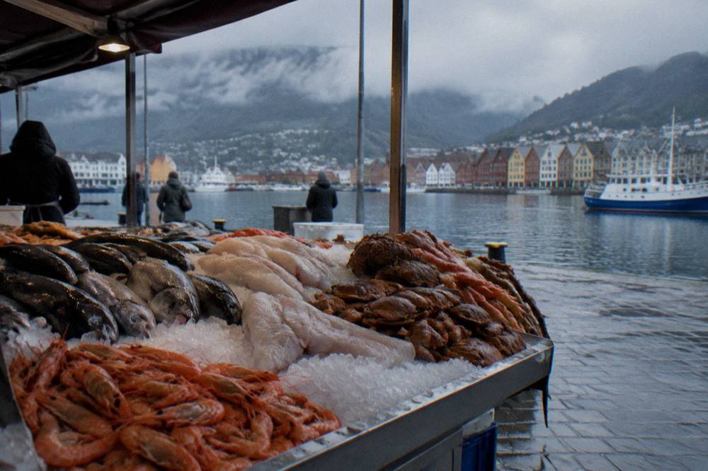 Fresh fish and seafood displayed on ice at an outdoor market stall in Bergen