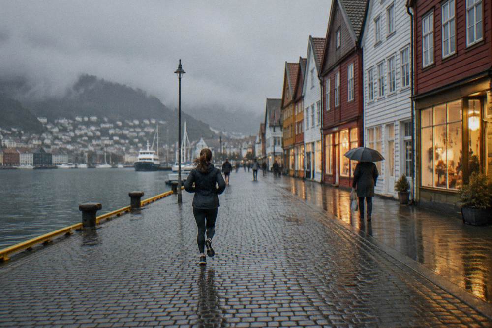 Wet cobblestone street with glowing storefronts and a pedestrian with an umbrella