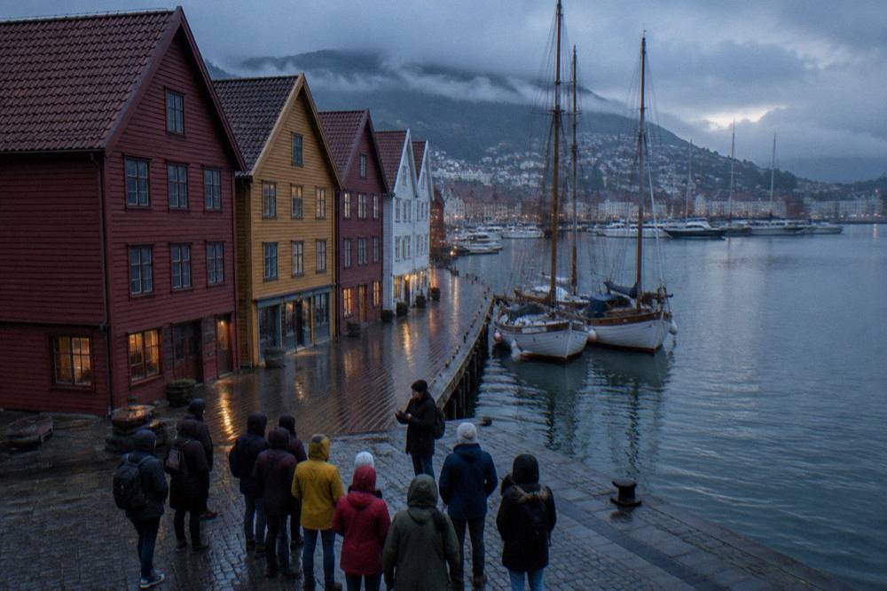 Visitors standing around a guide near the wooden buildings and masts along Bergen's inner harbour