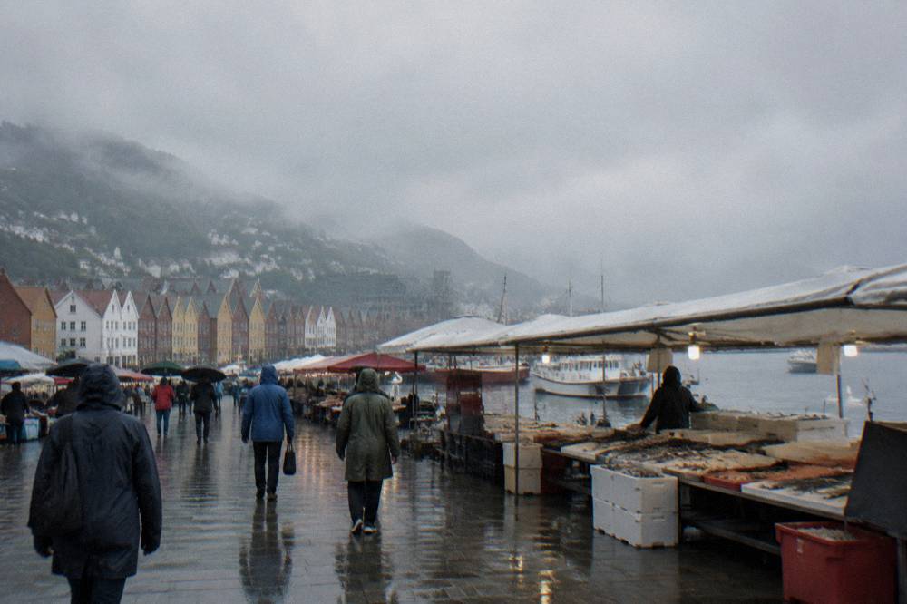 Visitors in rain jackets walking past the fish market stalls under wet skies on Bergen harbour