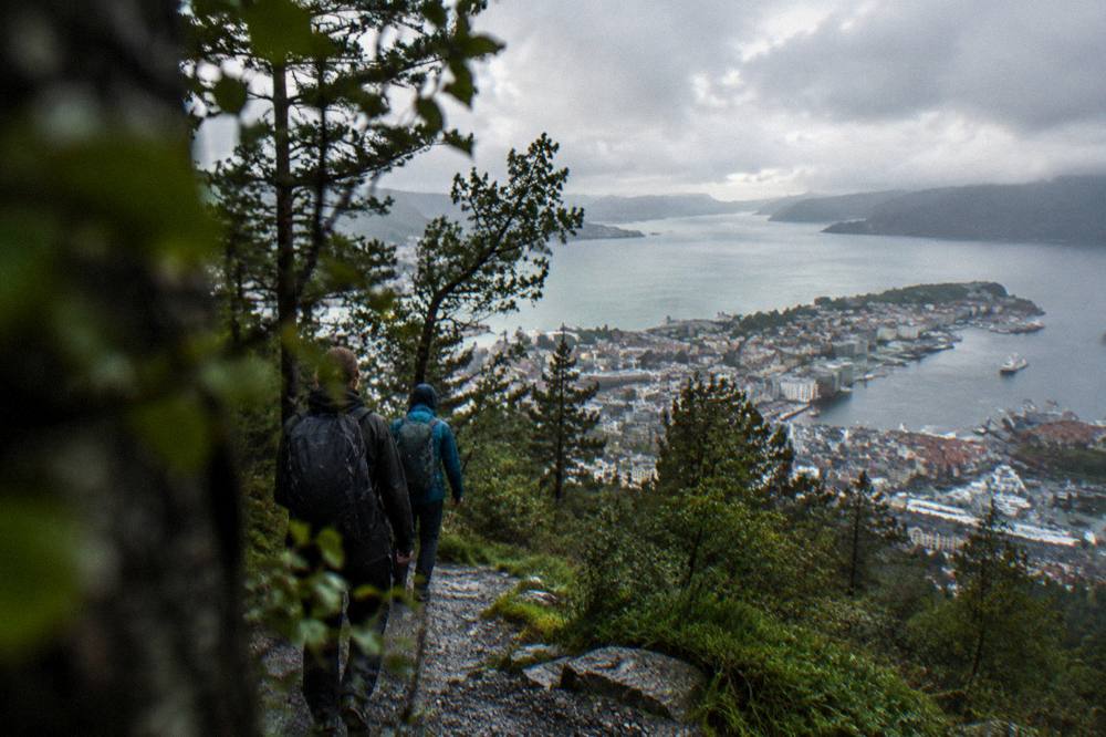 Hikers on a forested gravel trail above Bergen with the city and harbour visible below