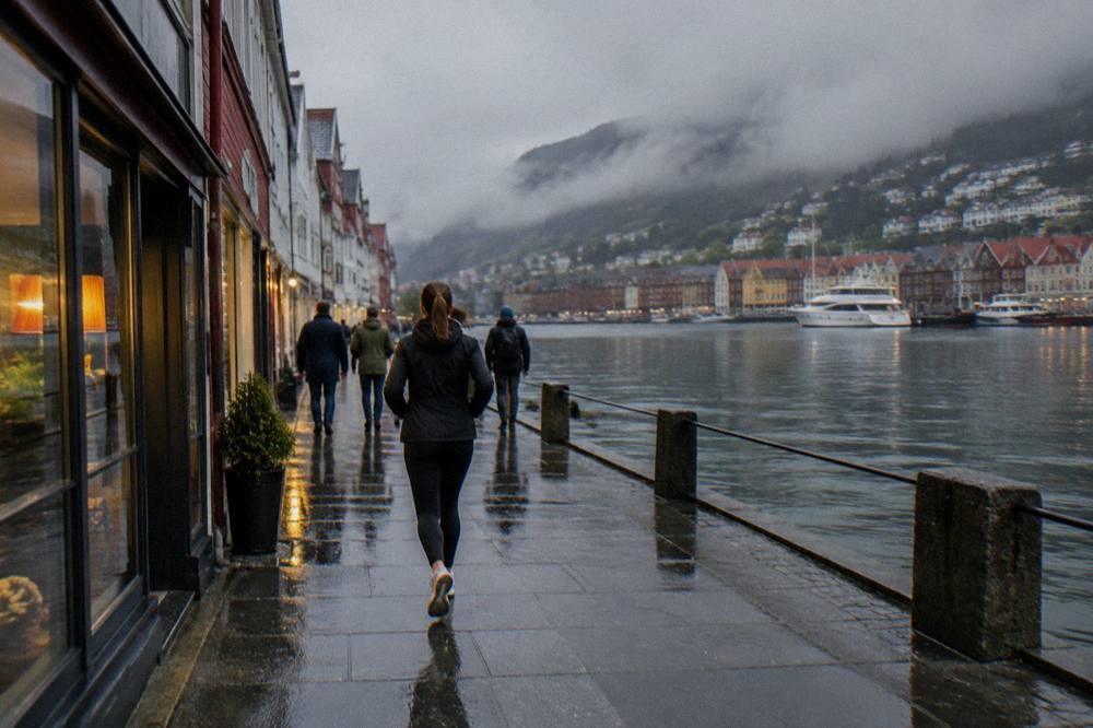 Locals walking without umbrellas past shop fronts on a wet evening street in central Bergen