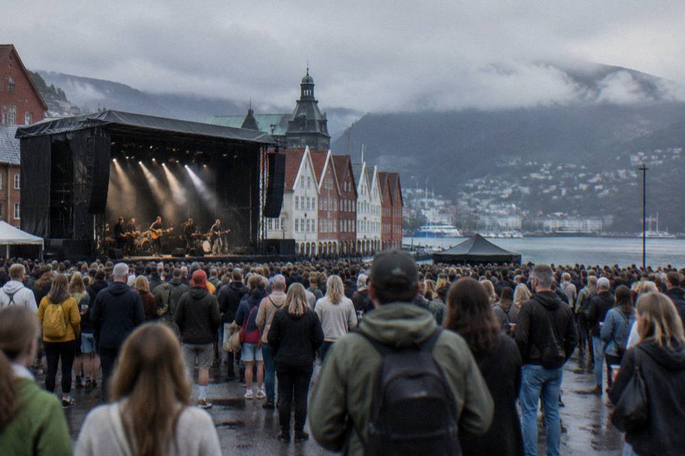 Crowd of people at an outdoor festival stage in a Norwegian city square on a summer evening