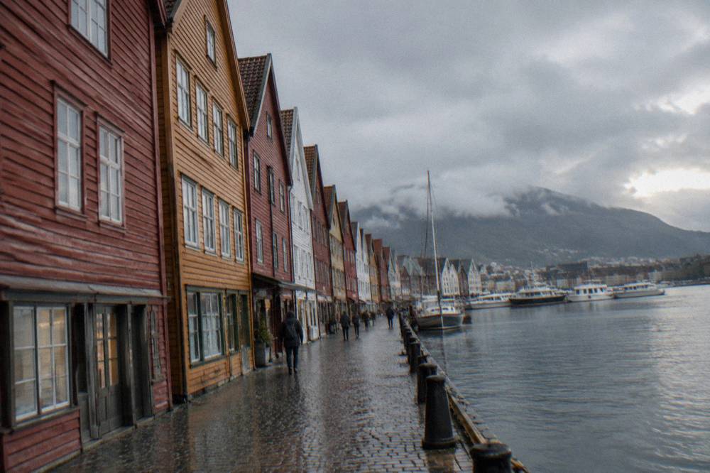 Colourful wooden Hanseatic buildings along the Bryggen wharf in Bergen