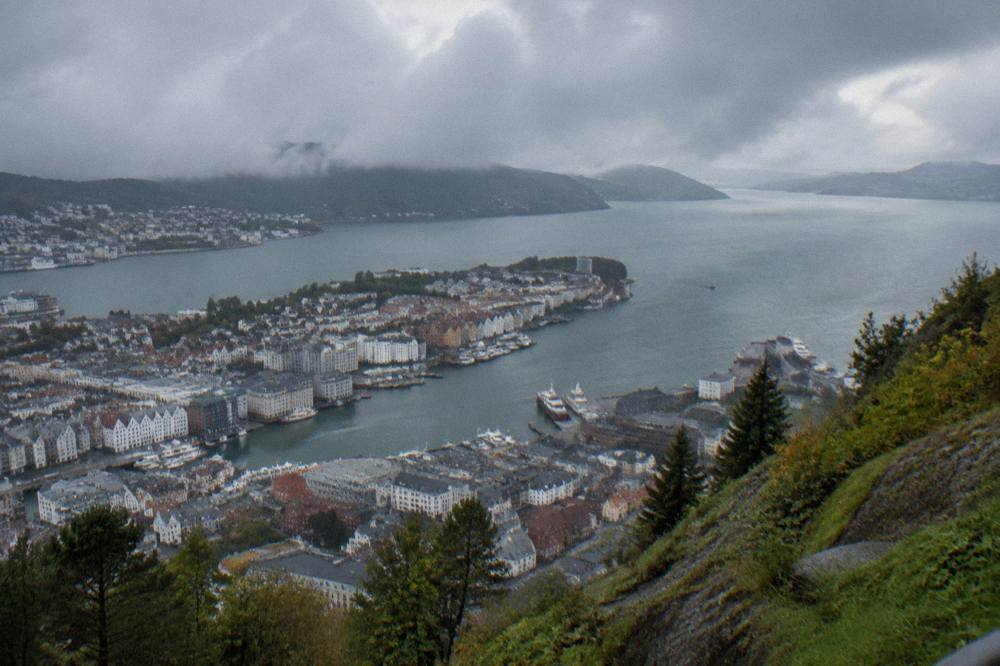 Evening view over Bergen's harbour and wharf buildings from a mountain above the city