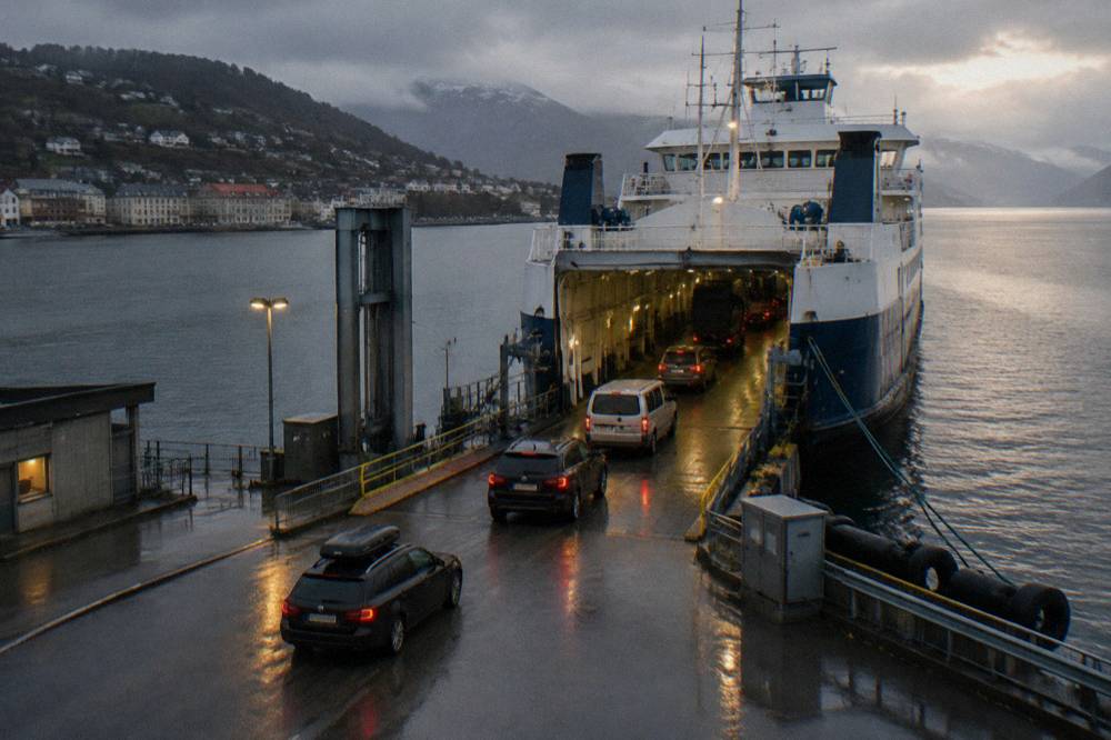 A large car ferry at a Nordic terminal quay with vehicles waiting on the ramp in evening light