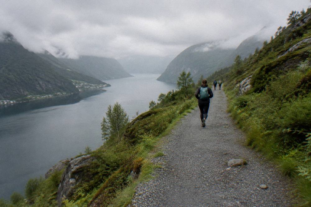 Hikers walking a gravel trail above a narrow fjord arm with steep green hillsides on both sides