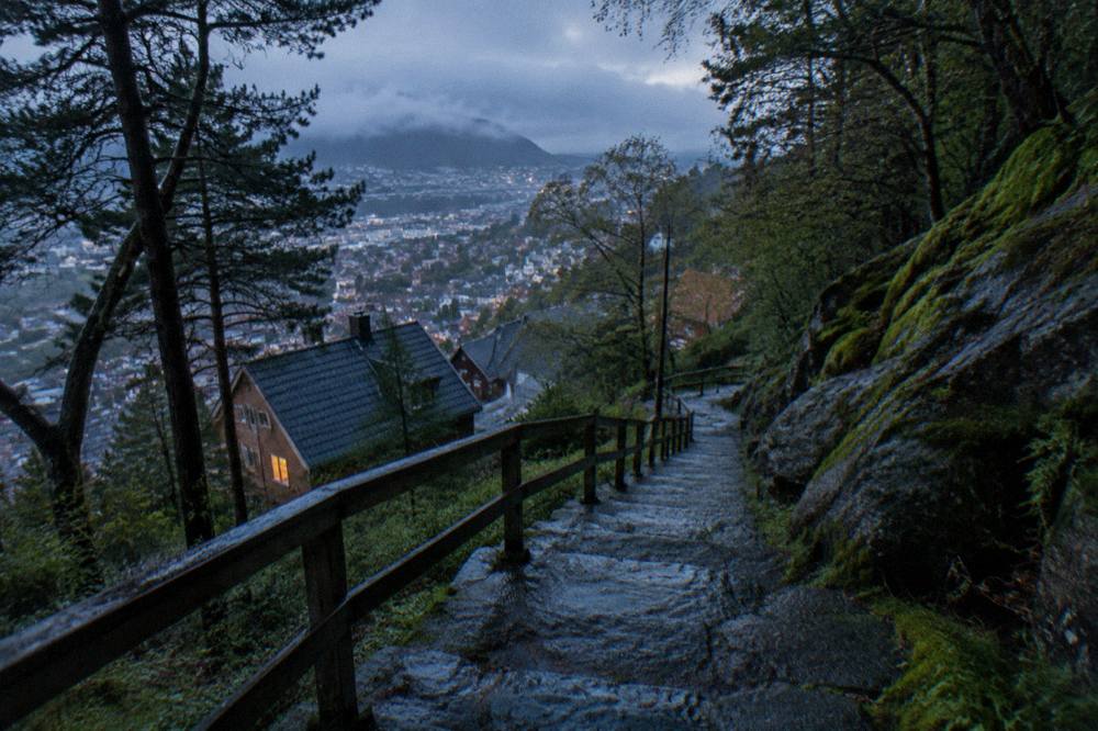 Steep stone steps of the Stoltzekleiven trail climbing through trees above wooden houses