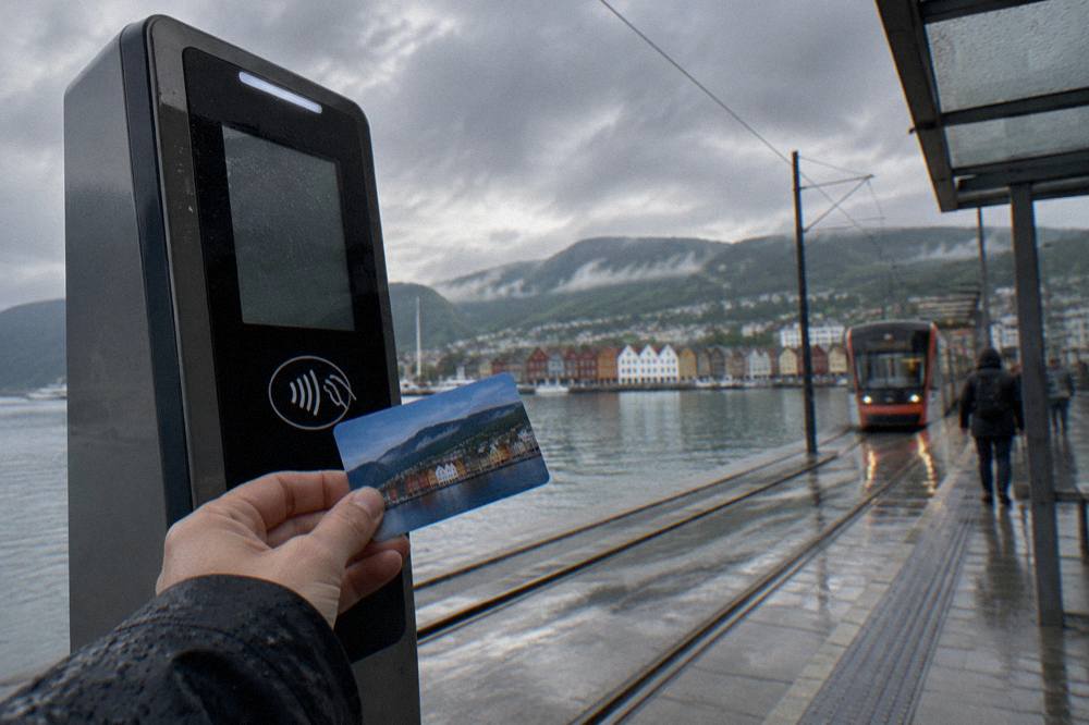 A visitor holding a Bergen Card travel pass beside a ticket machine at a light rail stop