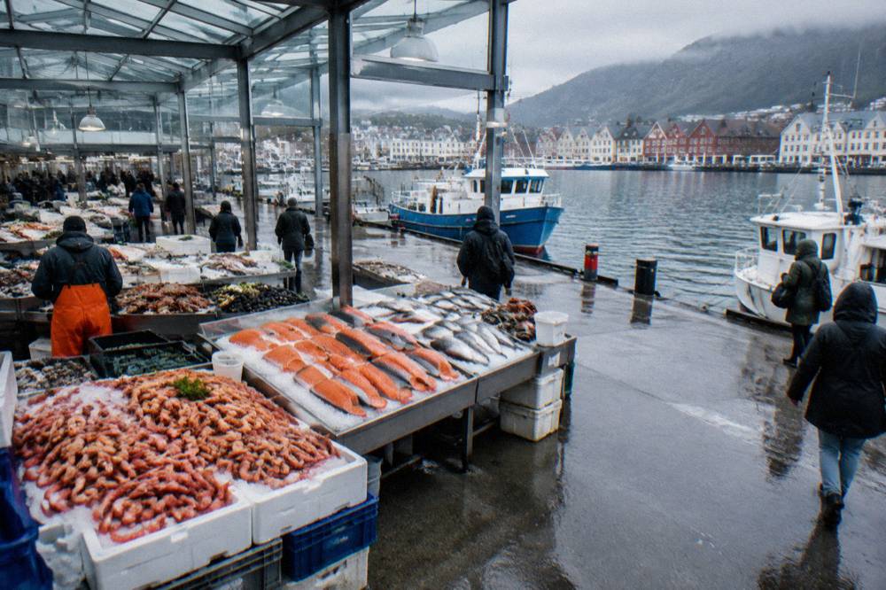 A fresh seafood stall with crates of shrimp and salmon at the Bergen Fish Market