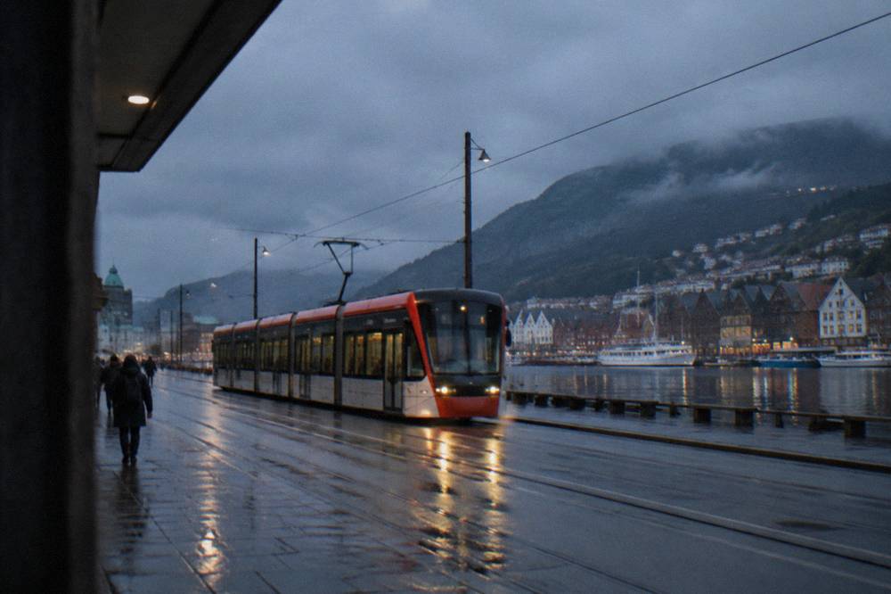 A modern light rail tram travelling along a street in central Bergen
