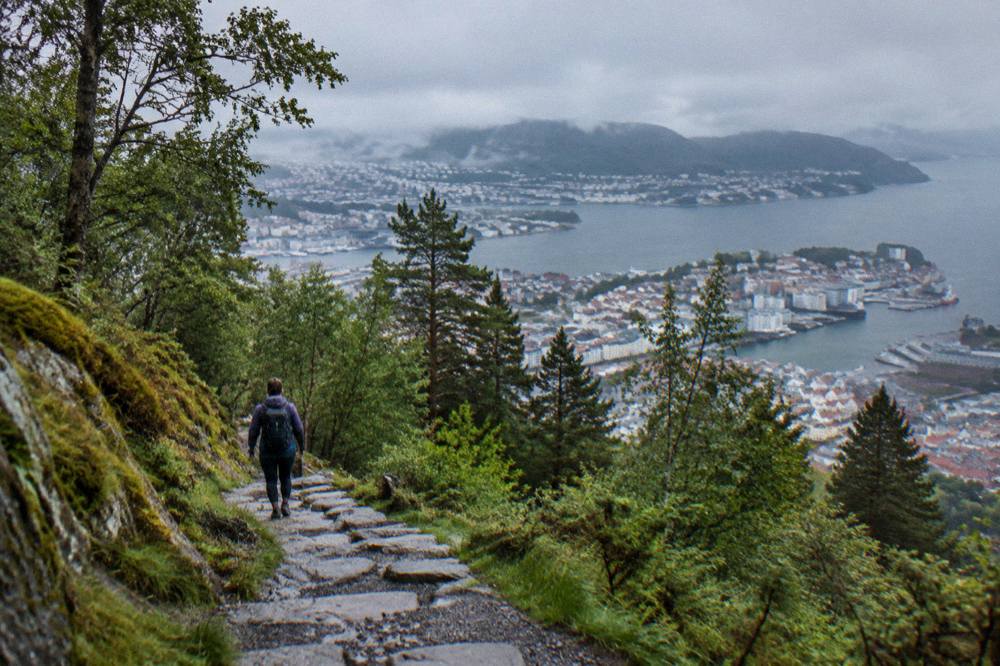 A hiker on a stone stairway path climbing a forested hillside above Bergen