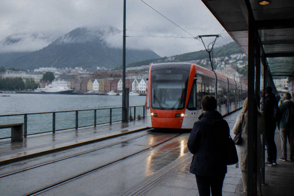 A light-rail tram travelling along a street in Bergen with passengers waiting at a stop