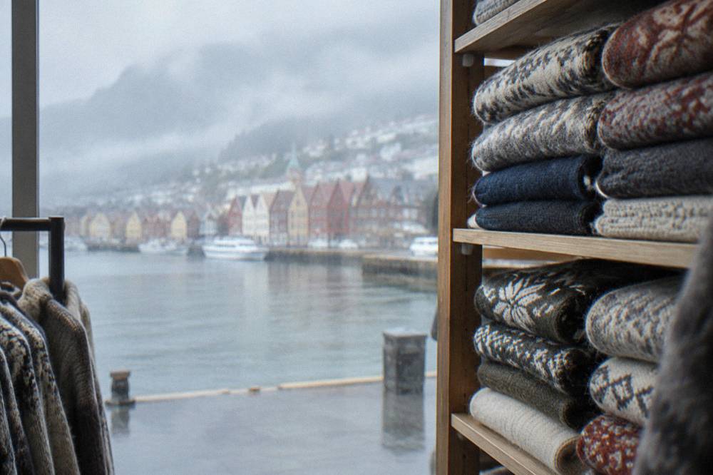 Shelves of folded Norwegian wool sweaters in a knitwear shop