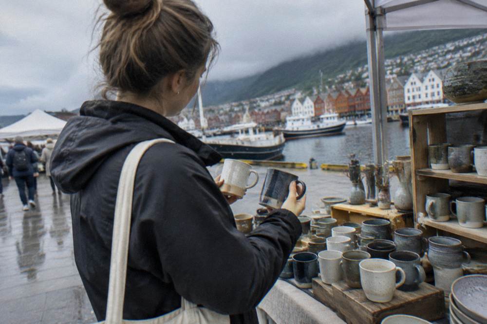 A shopper comparing two ceramic mugs at a small design store counter in Bergen