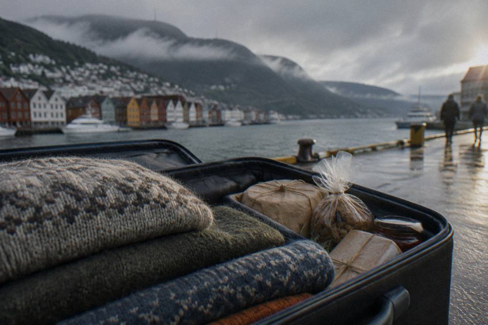 A packed suitcase with folded wool sweaters and wrapped food gifts inside